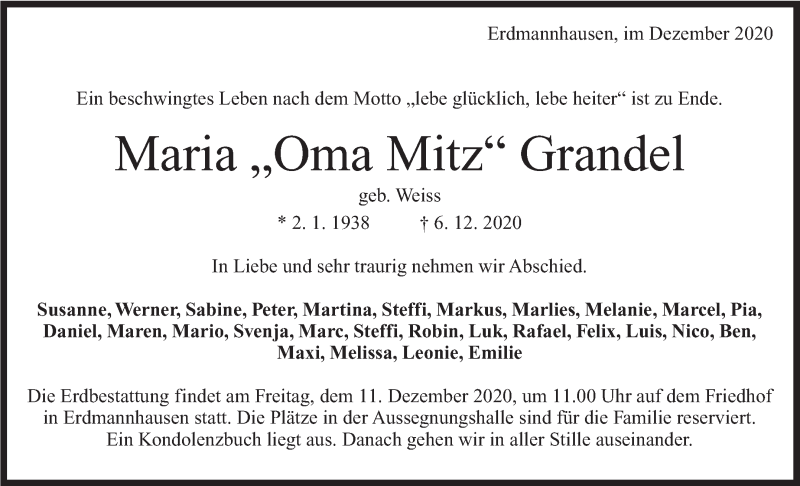 Traueranzeige für Maria Grandel vom 09.12.2020 aus Marbacher Zeitung