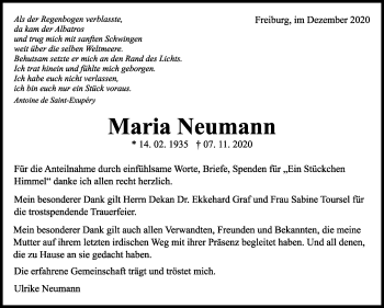Traueranzeige von Maria Neumann von Marbacher Zeitung