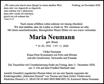 Traueranzeige von Maria Neumann von Marbacher Zeitung