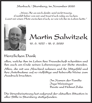 Traueranzeige von Martin Salwitzek von Marbacher Zeitung