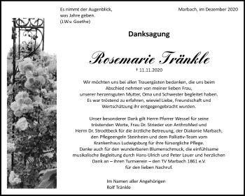 Traueranzeige von Rosemarie Tränkle von Marbacher Zeitung