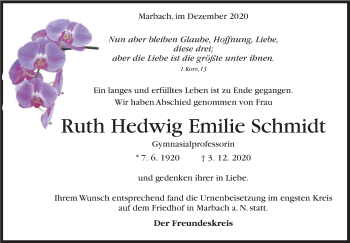 Traueranzeige von Ruth Hedwig Emilie Schmidt von Marbacher Zeitung