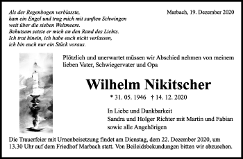 Traueranzeige von Wilhelm Nikitscher von Marbacher Zeitung
