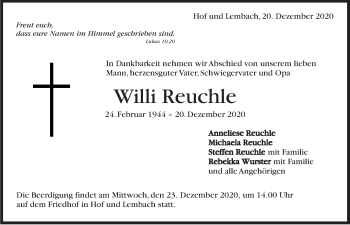 Traueranzeige von Willi Reuchle von Marbacher Zeitung