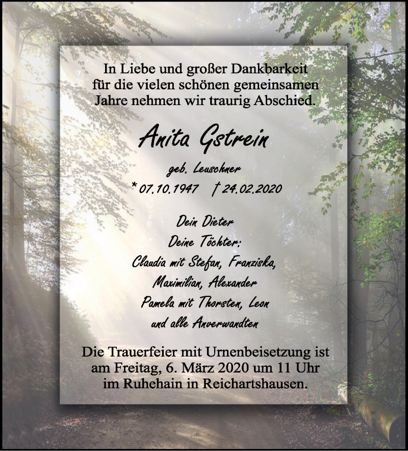  Traueranzeige für Anita Gstrein vom 29.02.2020 aus Marbacher Zeitung