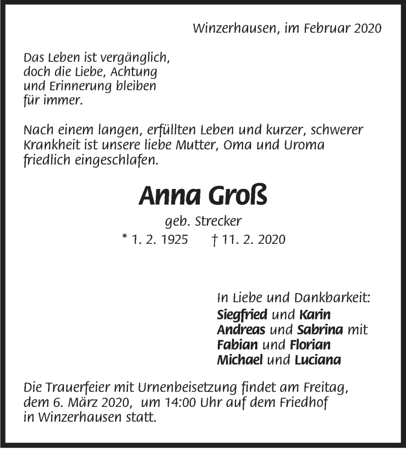  Traueranzeige für Anna Groß vom 15.02.2020 aus Marbacher Zeitung