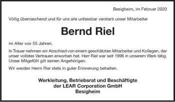 Traueranzeige von Bernd Riel von Marbacher Zeitung