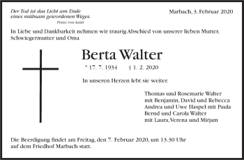 Traueranzeige von Berta Walter von Marbacher Zeitung
