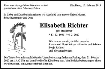 Traueranzeige von Elisabeth Richter von Marbacher Zeitung
