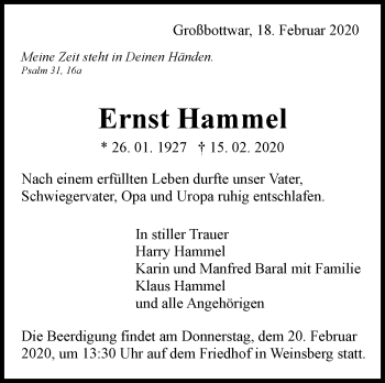 Traueranzeige von Ernst Hammel von Marbacher Zeitung