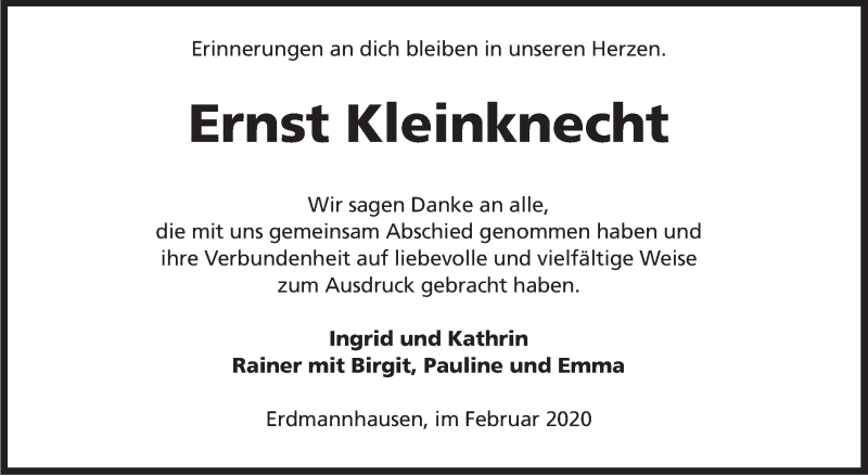 Traueranzeige für Ernst Kleinknecht vom 20.02.2020 aus Marbacher Zeitung
