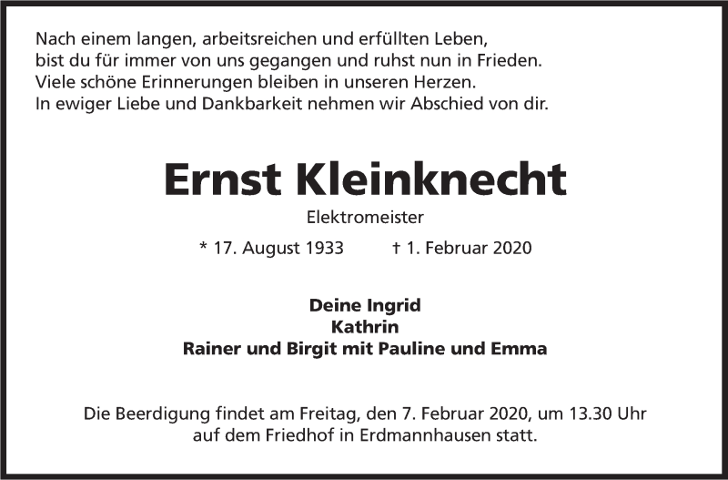  Traueranzeige für Ernst Kleinknecht vom 04.02.2020 aus Marbacher Zeitung