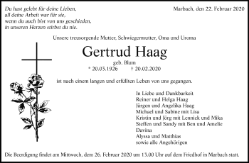Traueranzeige von Gertrud Haag von Marbacher Zeitung