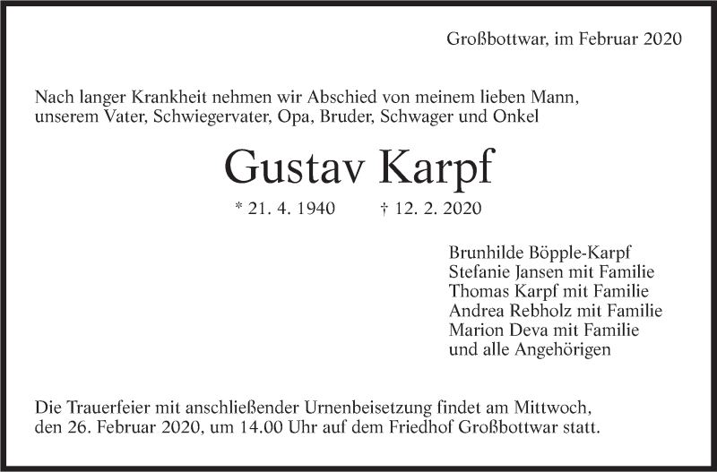  Traueranzeige für Gustav Karpf vom 15.02.2020 aus Marbacher Zeitung