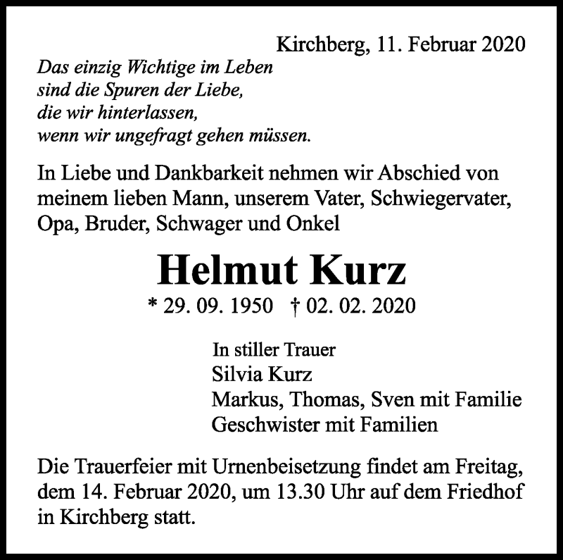  Traueranzeige für Helmut Kurz vom 11.02.2020 aus Marbacher Zeitung