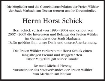 Traueranzeige von Horst Schick von Marbacher Zeitung