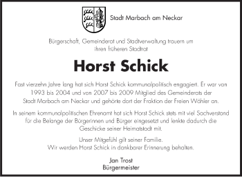 Traueranzeige von Horst Schick von Marbacher Zeitung