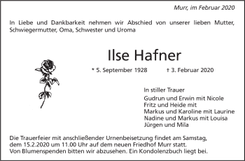 Traueranzeige von Ilse Hafner von Marbacher Zeitung