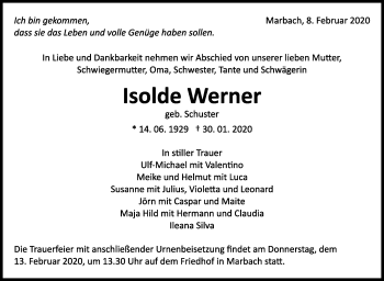 Traueranzeige von Isolde Werner von Marbacher Zeitung