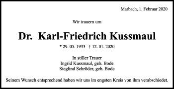 Traueranzeige von Karl-Friedrich Kussmaul von Marbacher Zeitung