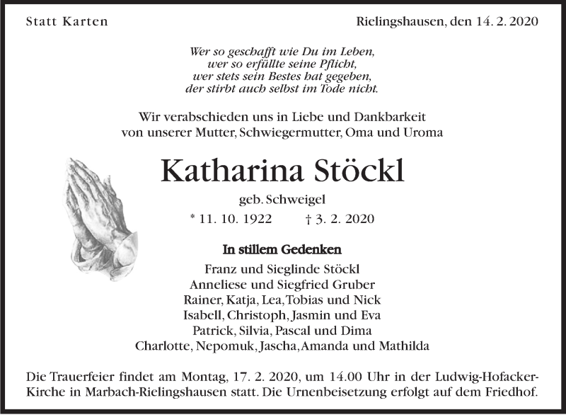  Traueranzeige für Katharina Stöckl vom 14.02.2020 aus Marbacher Zeitung