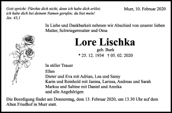 Traueranzeige von Lore Lischka von Marbacher Zeitung