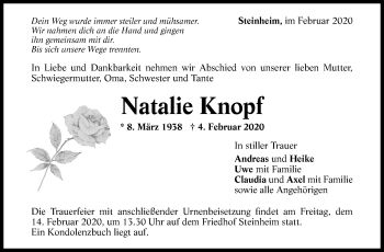 Traueranzeige von Natalie Knopf von Marbacher Zeitung