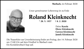 Traueranzeige von Roland Kleinknecht von Marbacher Zeitung