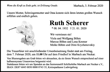 Traueranzeige von Ruth Scherer von Marbacher Zeitung