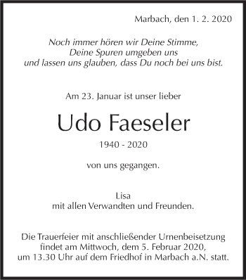 Traueranzeige von Udo Faeseler von Marbacher Zeitung