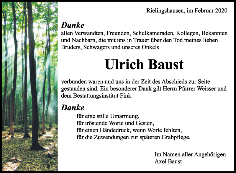 Traueranzeige für Ulrich Baust vom 07.02.2020 aus Marbacher Zeitung