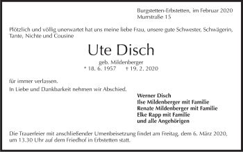 Traueranzeige von Ute Disch von Marbacher Zeitung