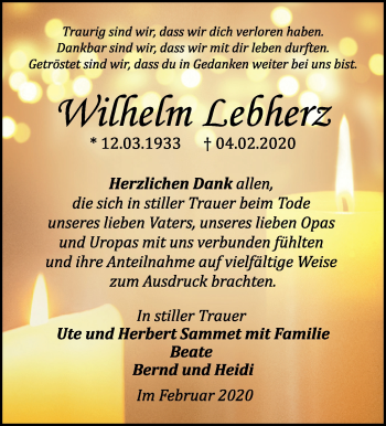 Traueranzeige von Wilhelm Lebherz von Marbacher Zeitung