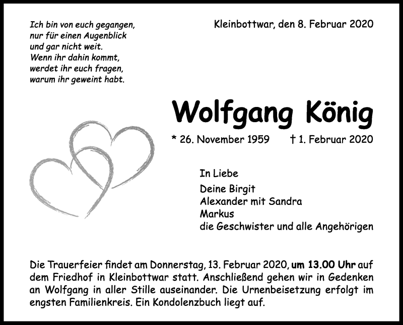  Traueranzeige für Wolfgang König vom 08.02.2020 aus Marbacher Zeitung