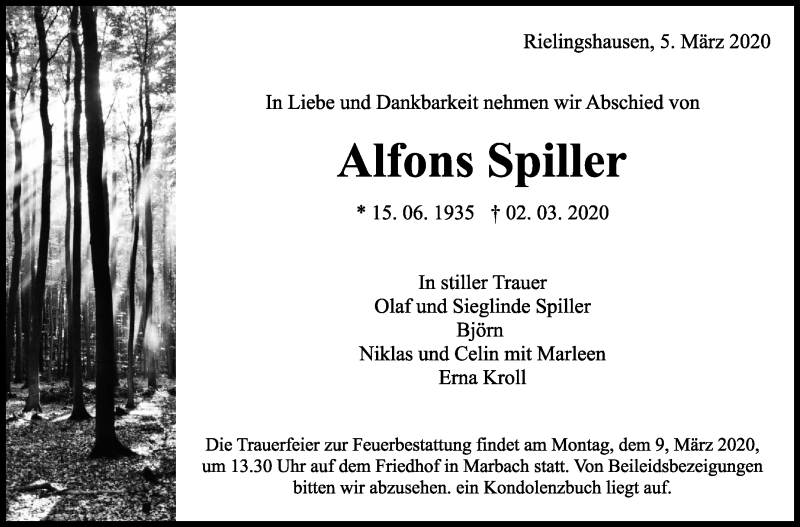  Traueranzeige für Alfons Spiller vom 05.03.2020 aus Marbacher Zeitung