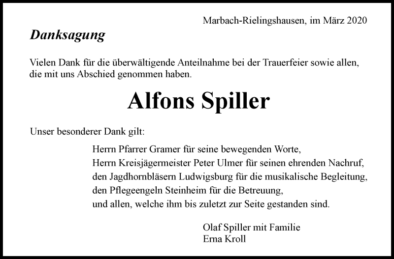  Traueranzeige für Alfons Spiller vom 20.03.2020 aus Marbacher Zeitung