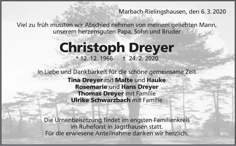  Traueranzeige für Christoph Dreyer vom 06.03.2020 aus Marbacher Zeitung