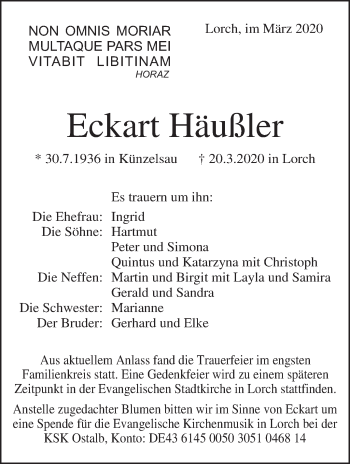 Traueranzeige von Eckart Häußler von Marbacher Zeitung