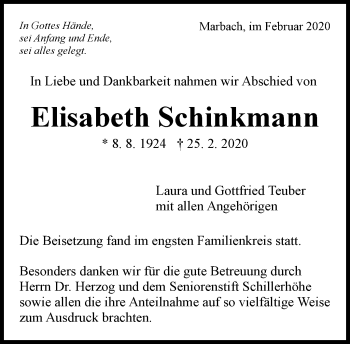 Traueranzeige von Elisabeth Schinkmann von Marbacher Zeitung