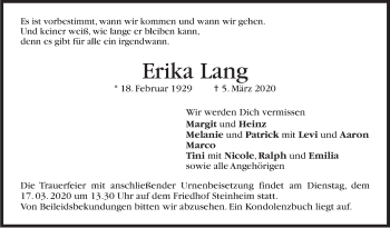 Traueranzeige von Erika Lang von Marbacher Zeitung