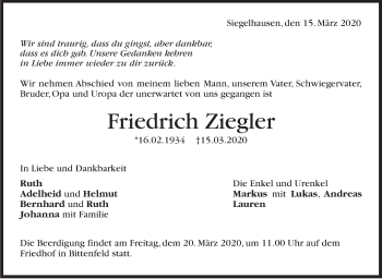 Traueranzeige von Friedrich Ziegler von Marbacher Zeitung