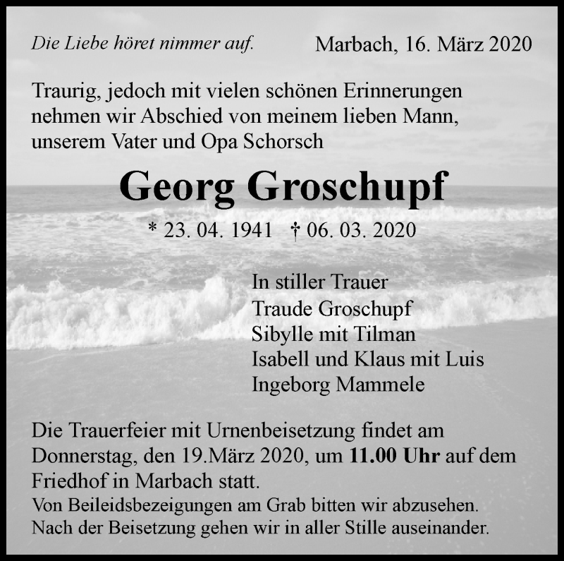  Traueranzeige für Georg Groschupf vom 16.03.2020 aus Marbacher Zeitung