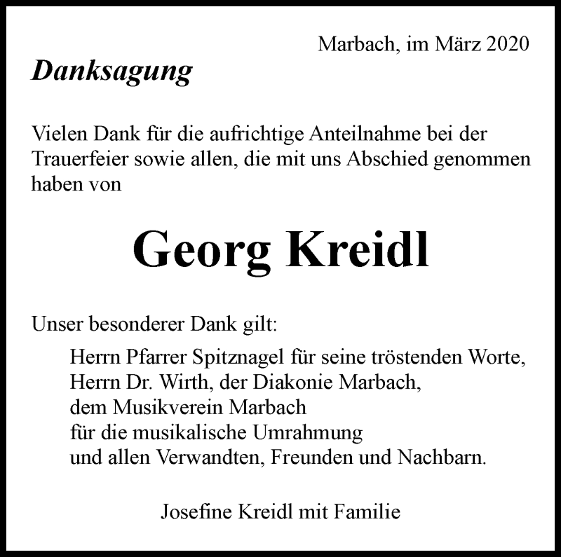  Traueranzeige für Georg Kreidl vom 27.03.2020 aus Marbacher Zeitung