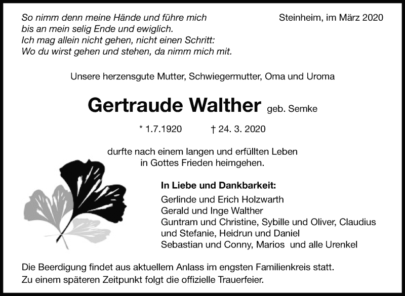  Traueranzeige für Gertraude Walther vom 26.03.2020 aus Marbacher Zeitung