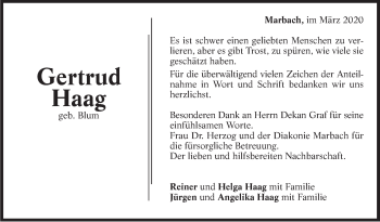 Traueranzeige von Gertrud Haag von Marbacher Zeitung