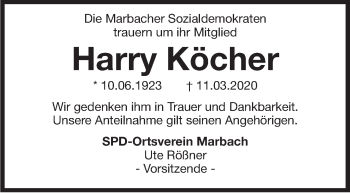 Traueranzeige von Harry Köcher von Marbacher Zeitung