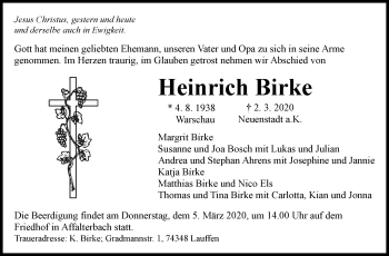 Traueranzeige von Heinrich Birke von Marbacher Zeitung