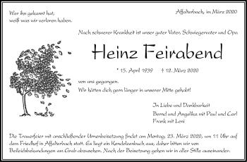 Traueranzeige von Heinz Feirabend von Marbacher Zeitung