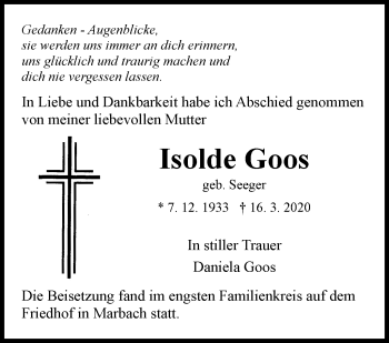 Traueranzeige von Isolde Goos von Marbacher Zeitung