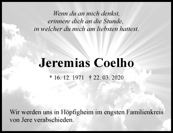 Traueranzeige von Jeremias Coelho von Marbacher Zeitung